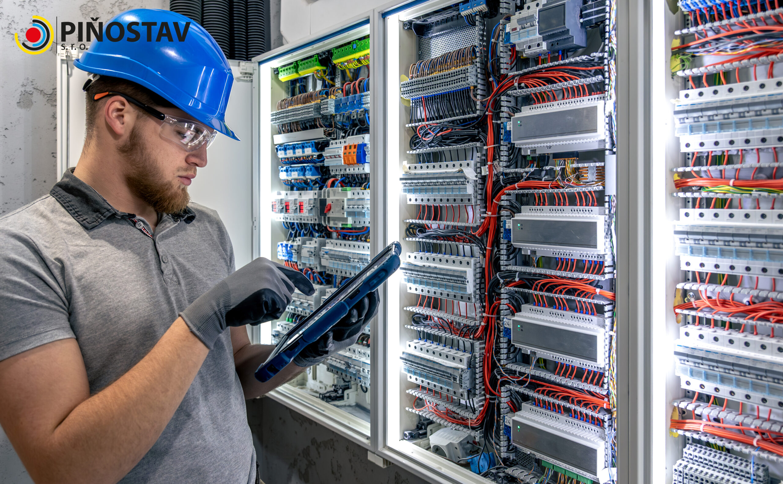 electrician at switchboard. equipment interaction. technical indoor task.